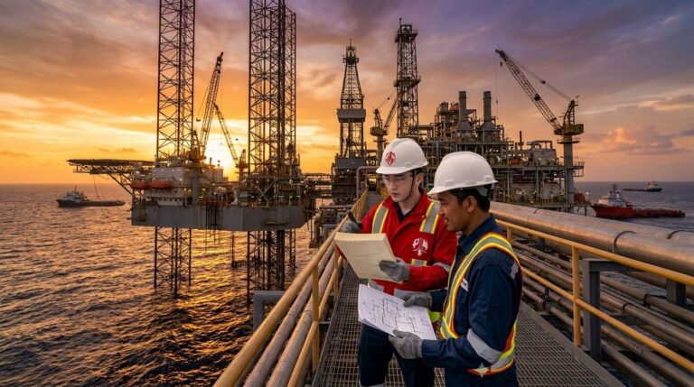 Tim PT. Punjas Balikpapan melaksanakan safety briefing sebelum memulai pekerjaan proyek migas di Kalimantan Timur